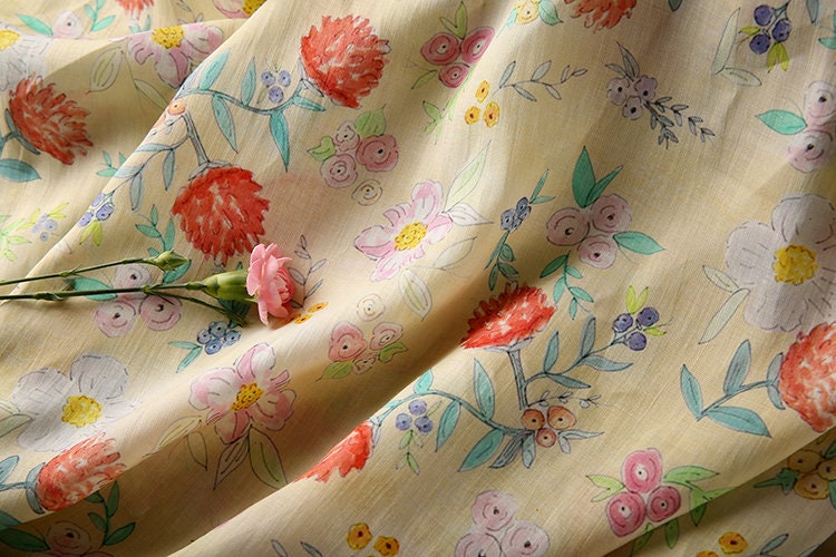 CHURUI Warm Yellow Floral Print 42 Thread Count Ramie Fabric - 140cm wide by the Yard