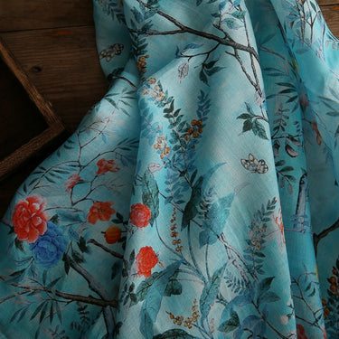 LIUXU Beautiful Printed Pomegranate Blue Ramie fabric By the Yard