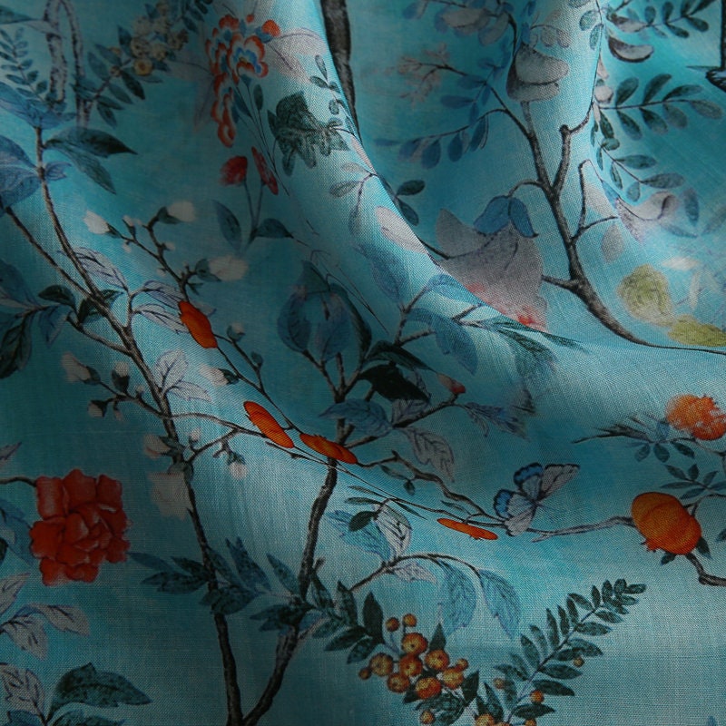 LIUXU Beautiful Printed Pomegranate Blue Ramie fabric By the Yard