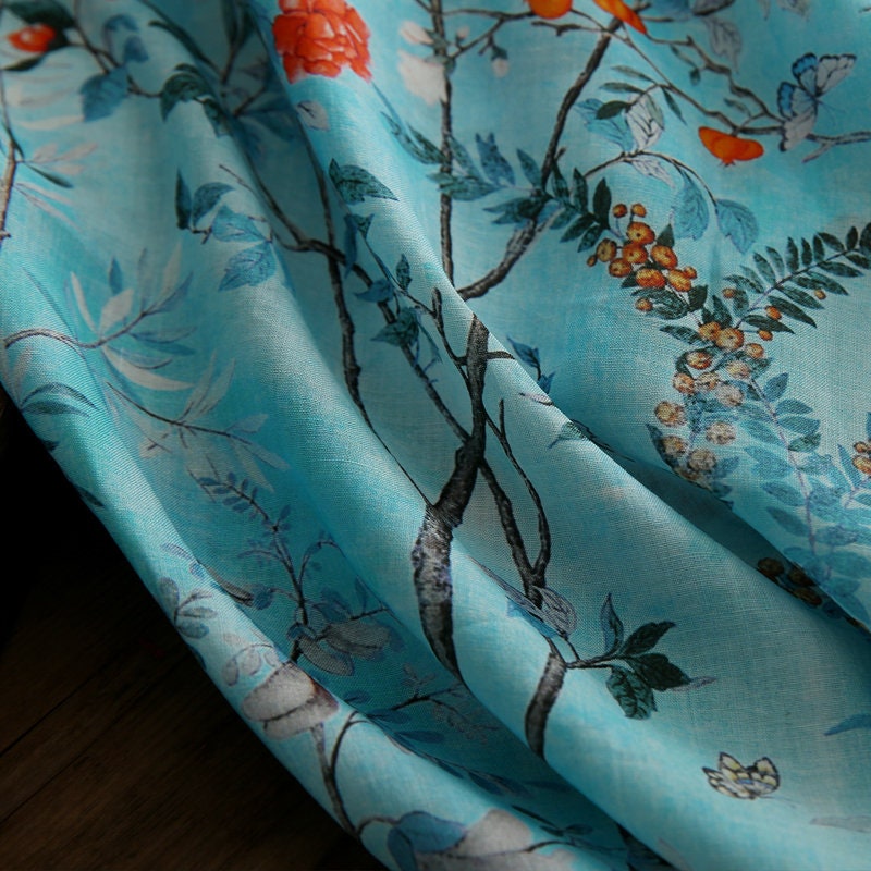LIUXU Beautiful Printed Pomegranate Blue Ramie fabric By the Yard