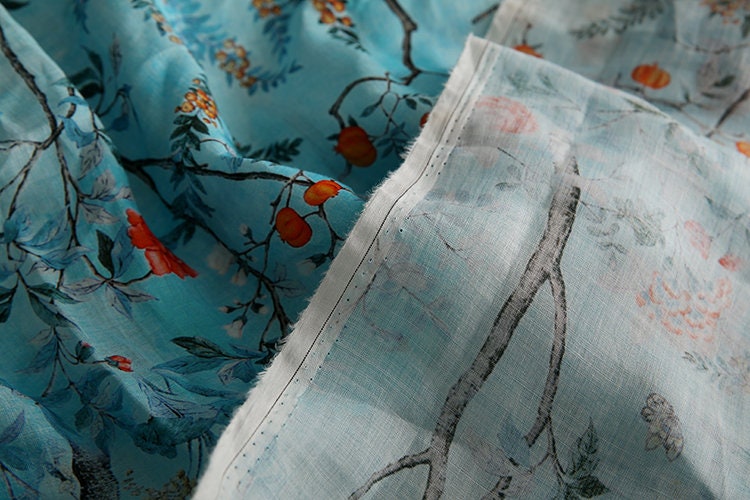 LIUXU Beautiful Printed Pomegranate Blue Ramie fabric By the Yard