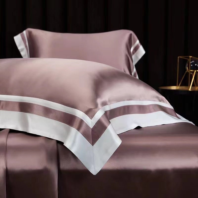 2022 New Presidential Suite set 4 pieces. Charmeuse silk bedding set in Bean Purple. Made in 25 momme 100% Anti-Allergic Mulberry Silk.