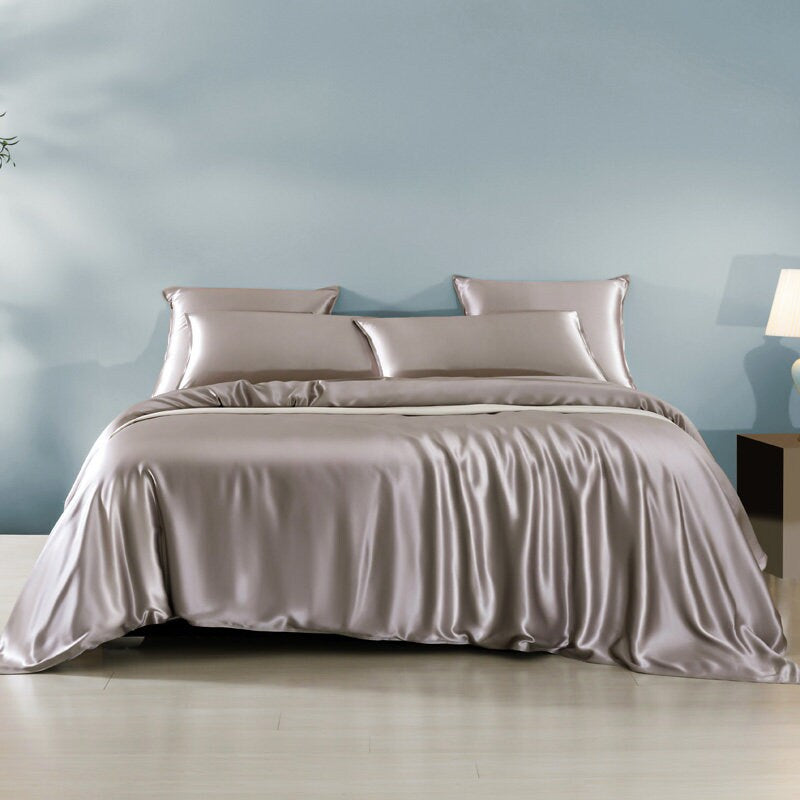 Navy Blue vs Silver Gray - 22 Momme 100% Mulberry Silk Bedding Set 4 pieces