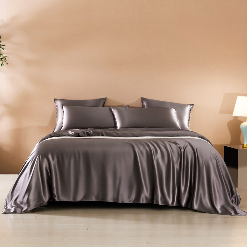 Navy Blue vs Silver Gray - 22 Momme 100% Mulberry Silk Bedding Set 4 pieces