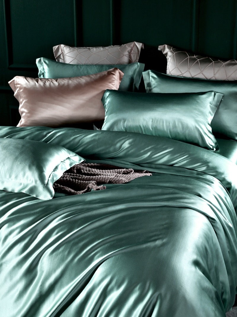 BEAN GREEN - 25 Momme Mulberry Silk Bedding, Silk Duvet Cover, Silk Fitted Sheet, Silk Flat Sheet, Silk Pillowcase, 100% SILK