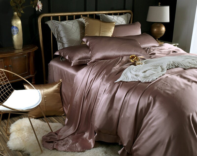 BEAN PURPLE - 25 Momme Mulberry Silk Bedding, Silk Duvet Cover, Silk Fitted Sheet, Silk Flat Sheet, Silk Pillowcase, 100% SILK