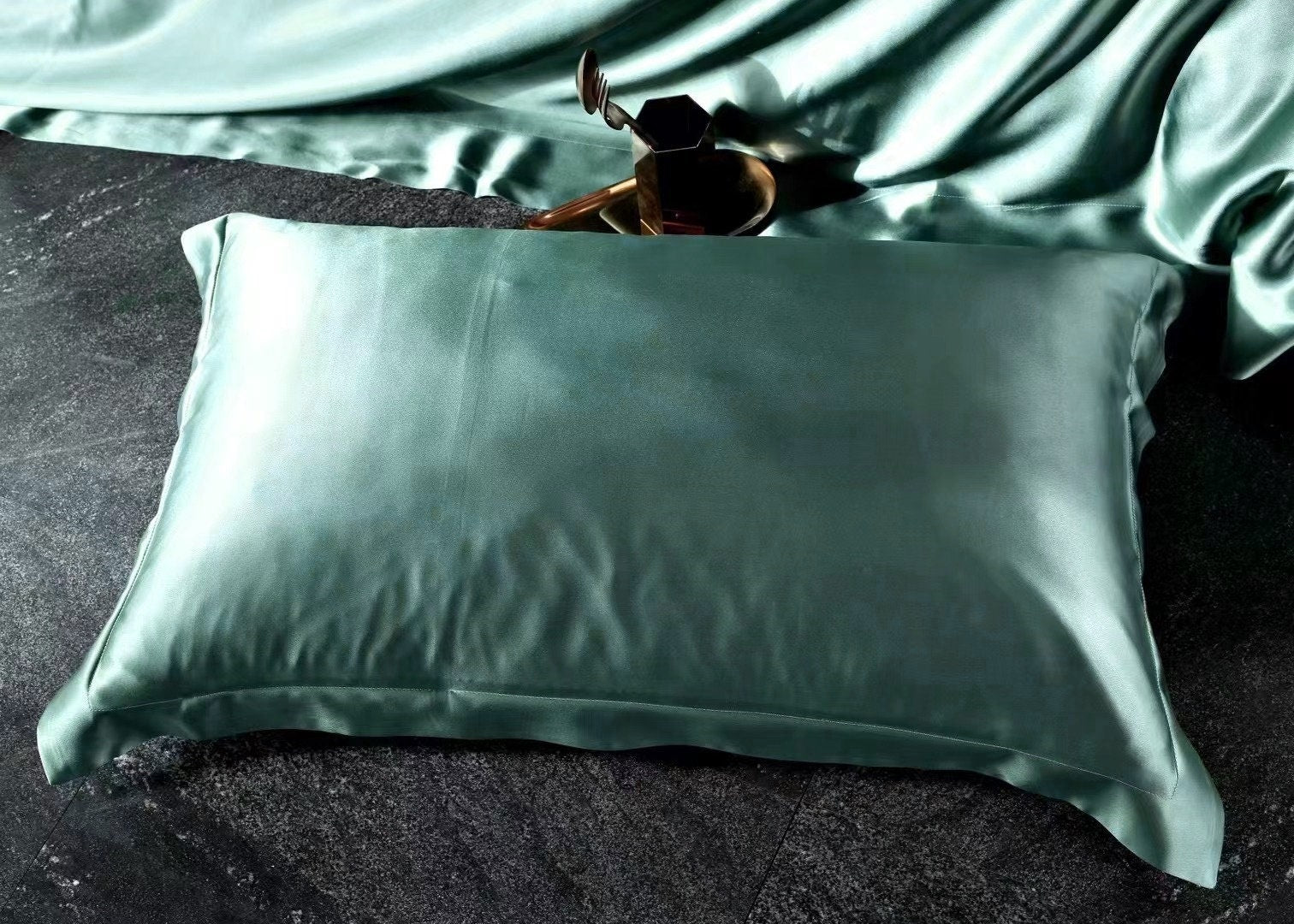 BEAN GREEN - 25 Momme Mulberry Silk Bedding, Silk Duvet Cover, Silk Fitted Sheet, Silk Flat Sheet, Silk Pillowcase, 100% SILK