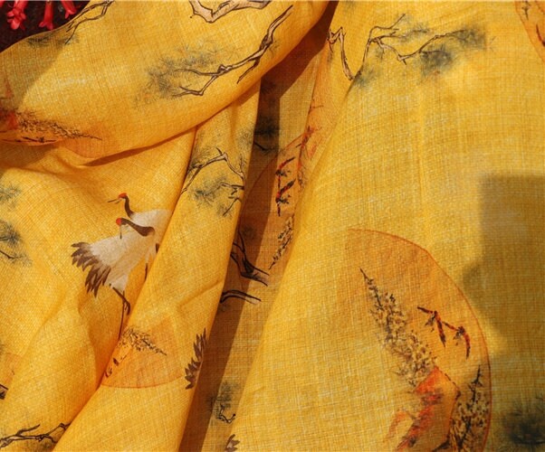 SONGHE - Pine Crane Printed Ramie Fabric-By the Yard