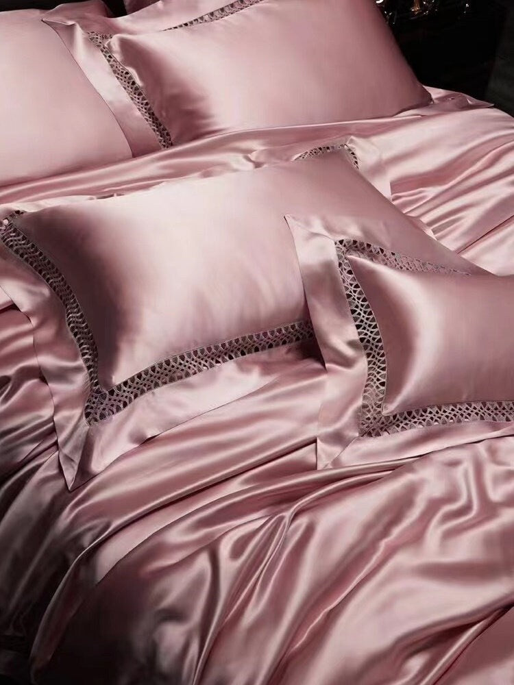 Anna Pink - 25 momme Lace Silk bedding Set 4pcs - 1x Duvet Cover, 1x Sheet, 2x Pillowcases, 100% SILK