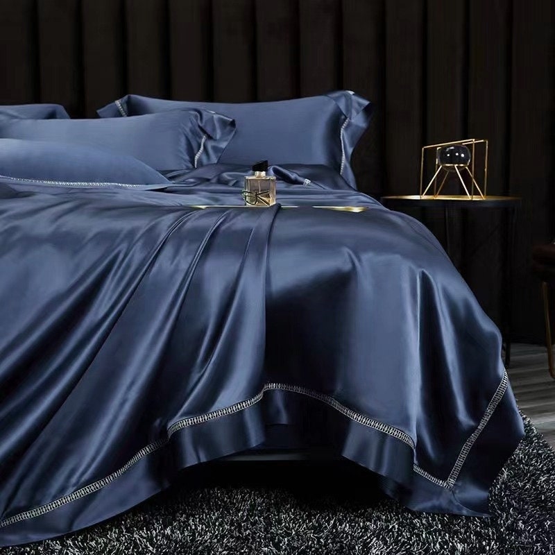Empire Blue - 25 momme Lace Silk bedding Set 4pcs - 1x Duvet Cover, 1x Sheet, 2x Pillowcases, 100% SILK