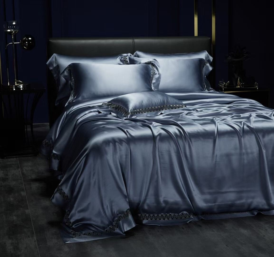 DUST BLUE - 25 momme Lace Silk bedding Set 4pcs - 1x Duvet Cover, 1x Sheet, 2x Pillowcases, 100% SILK