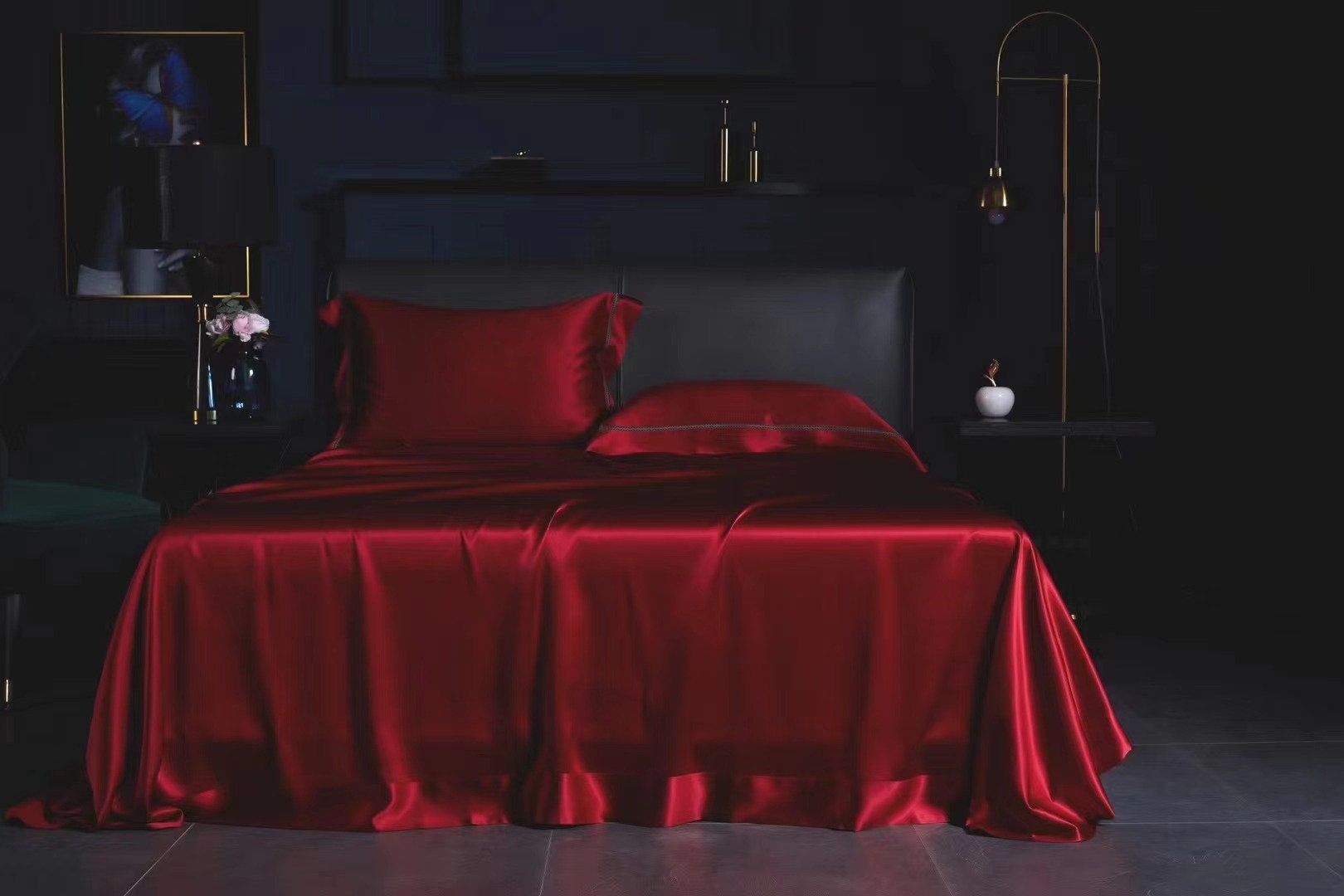 HOT WINE - 25 momme Lace Silk bedding Set 4pcs - 1x Duvet Cover, 1x Sheet, 2x Pillowcases, 100% SILK