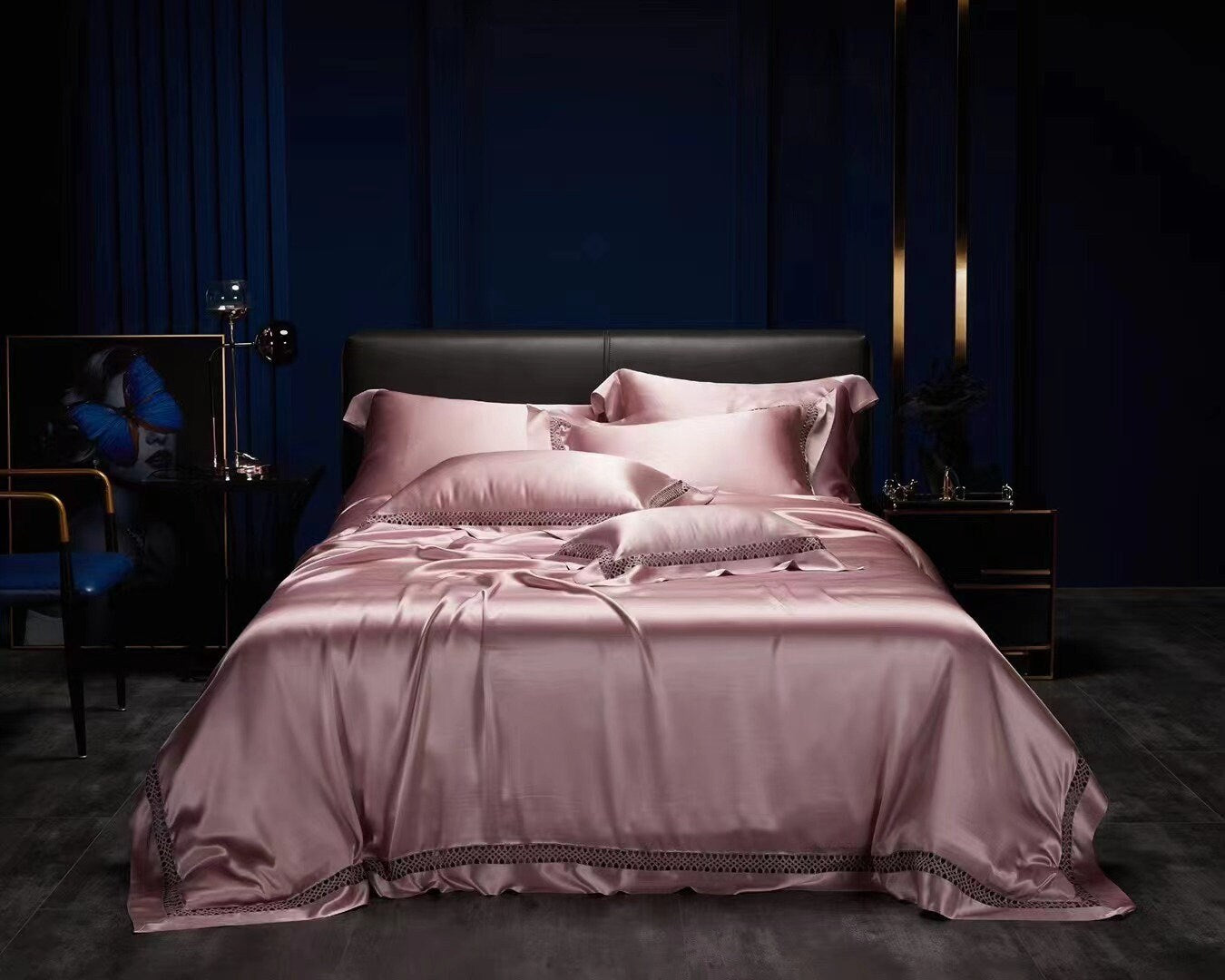 Anna Pink - 25 momme Lace Silk bedding Set 4pcs - 1x Duvet Cover, 1x Sheet, 2x Pillowcases, 100% SILK