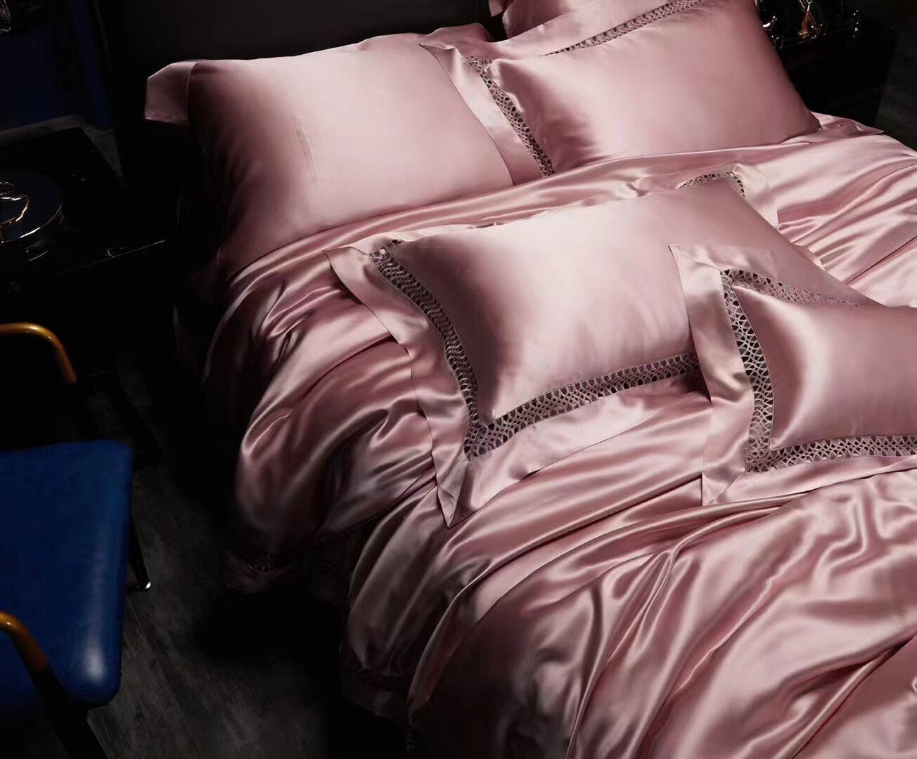 Anna Pink - 25 momme Lace Silk bedding Set 4pcs - 1x Duvet Cover, 1x Sheet, 2x Pillowcases, 100% SILK