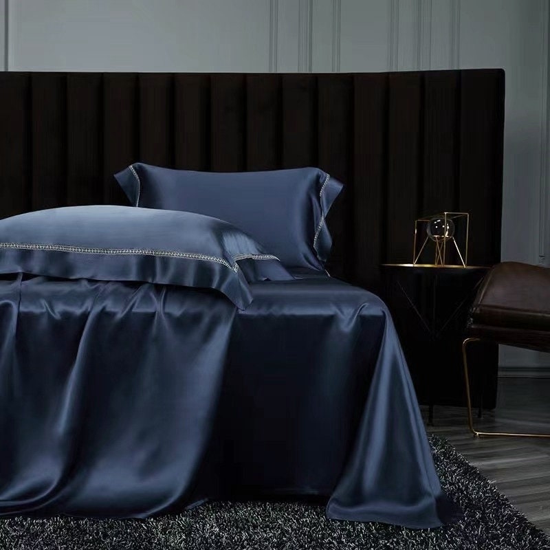 Empire Blue - 25 momme Lace Silk bedding Set 4pcs - 1x Duvet Cover, 1x Sheet, 2x Pillowcases, 100% SILK