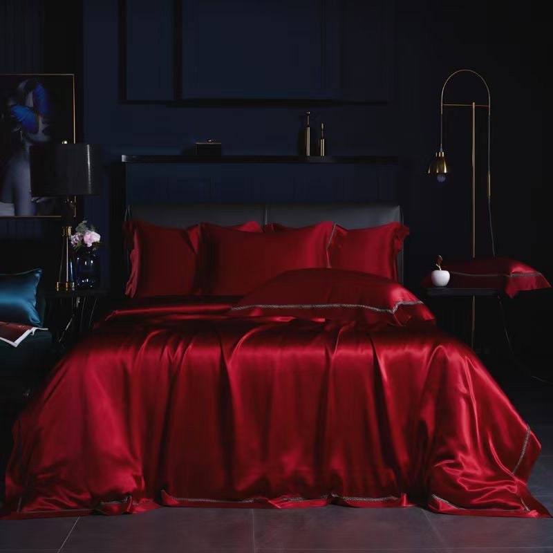 HOT WINE - 25 momme Lace Silk bedding Set 4pcs - 1x Duvet Cover, 1x Sheet, 2x Pillowcases, 100% SILK