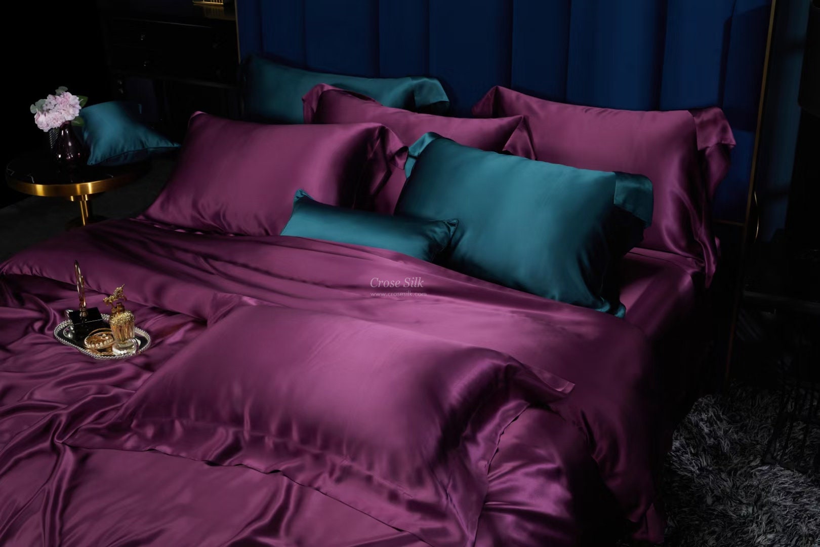 PLUM CASPIA - 25 Momme Mulberry Silk Bedding, Silk Duvet Cover, Silk Fitted Sheet, Silk Flat Sheet, Silk Pillowcase, 100% SILK