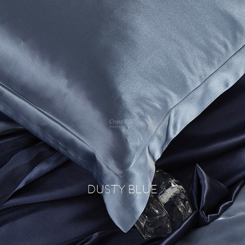 DUSTY BLUE - 25 Momme Mulberry Silk Bedding, Silk Duvet Cover, Silk Fitted Sheet, Silk Flat Sheet, Silk Pillowcase, 100% SILK