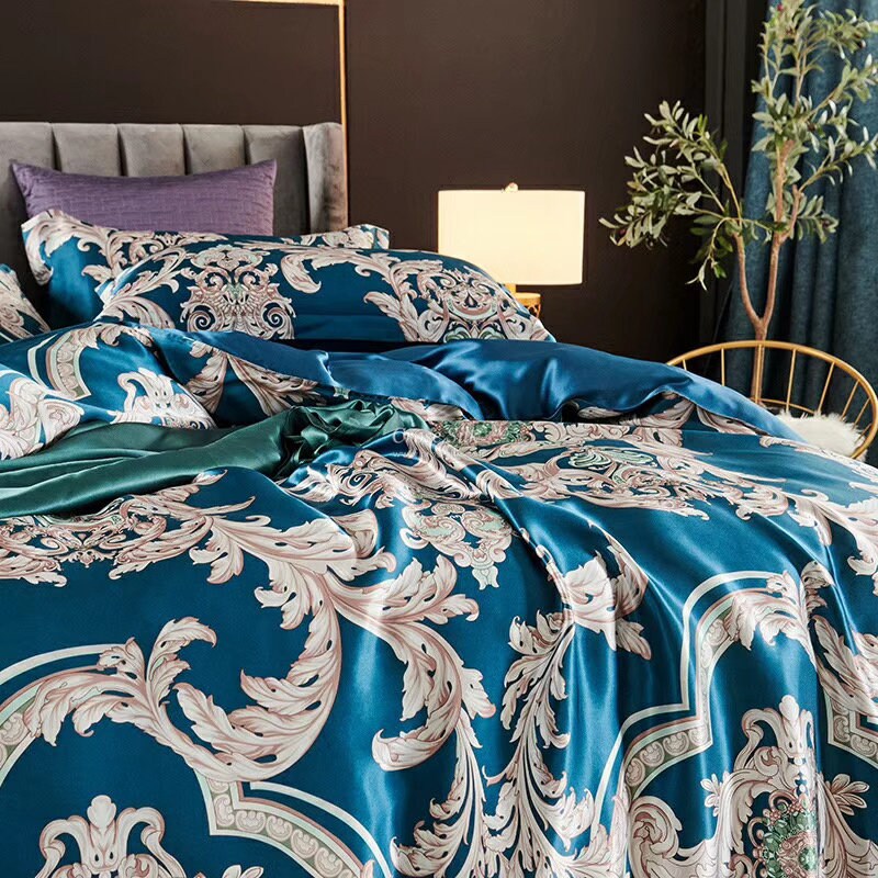 PHOENIX DANCE BLUE - 16 Momme 100% Silk Bedding 4pcs Suite