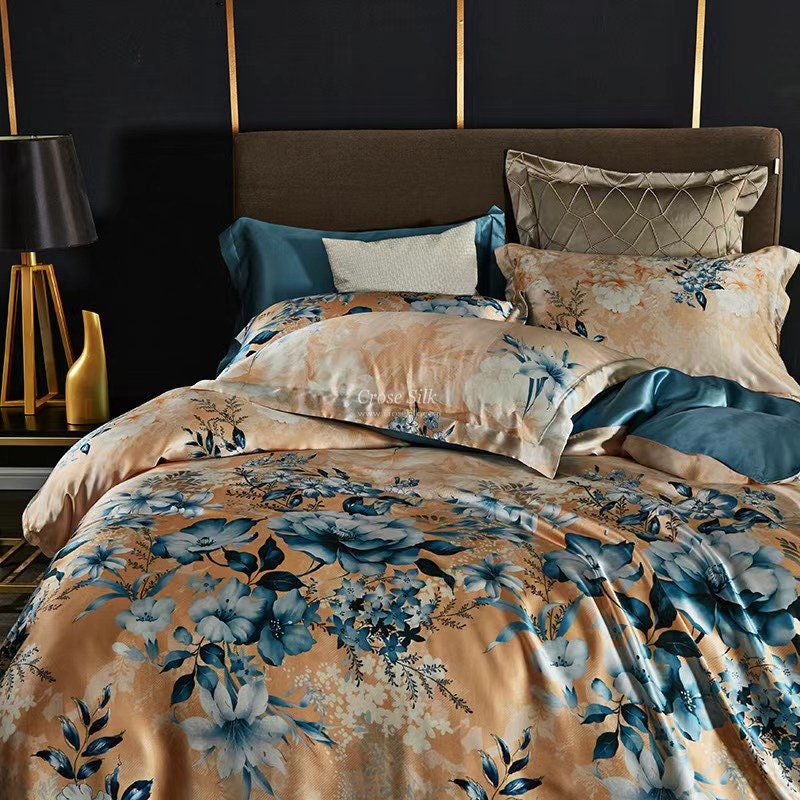 BLOSSOM BLUE - 16 Momme 100% Silk Bedding 4pcs Suite