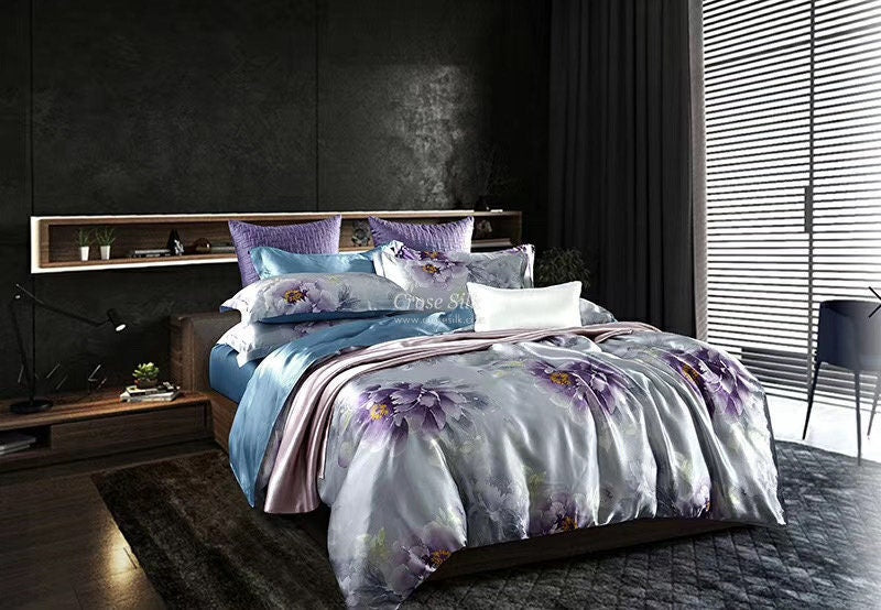 PURPLE PEONY - 16 Momme 100% Silk Bedding 4pcs Suite