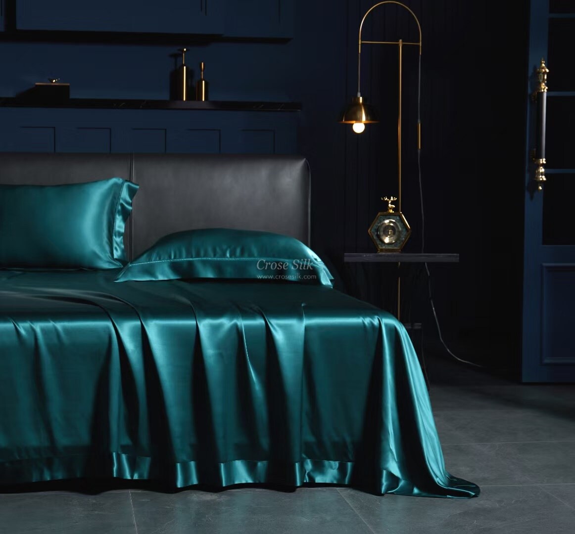 PEACOCK BLUE - 25 momme Lace Silk bedding Set 4pcs - 1x Duvet Cover, 1x Sheet, 2x Pillowcases, 100% SILK