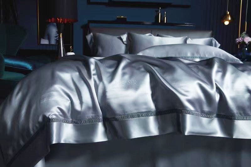 BLUISH GRAY - 25 momme Lace Silk bedding Set 4pcs - 1x Duvet Cover, 1x Sheet, 2x Pillowcases, 100% SILK