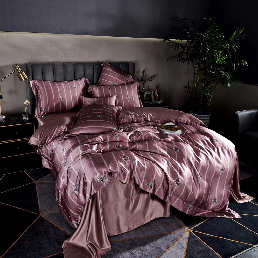 PINK STRIPES Print - 25 Momme Mulberry Silk Bedding, Silk Duvet Cover, Silk Fitted Sheet, Silk Flat Sheet, Silk Pillowcase, 100% SILK