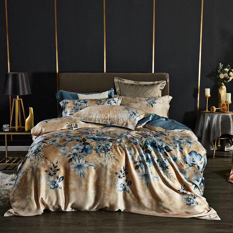 BLOSSOM BLUE - 16 Momme 100% Silk Bedding 4pcs Suite