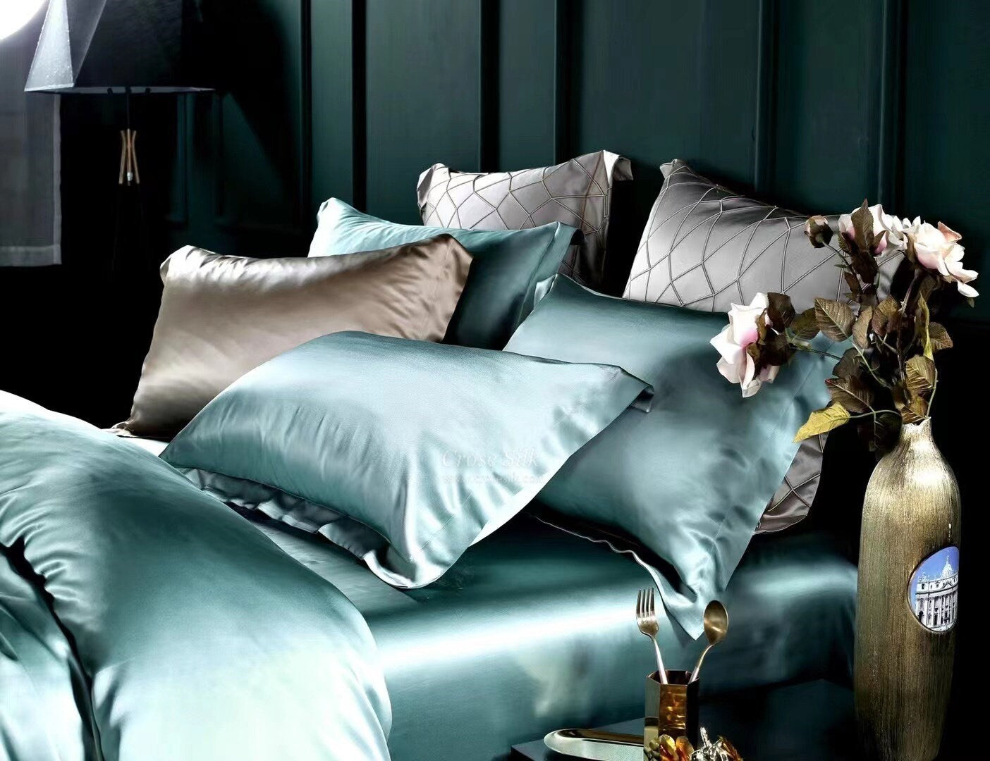 BERLYL GREEN - 25 Momme Mulberry Silk Bedding, Silk Duvet Cover, Silk Fitted Sheet, Silk Flat Sheet, Silk Pillowcase, 100% SILK