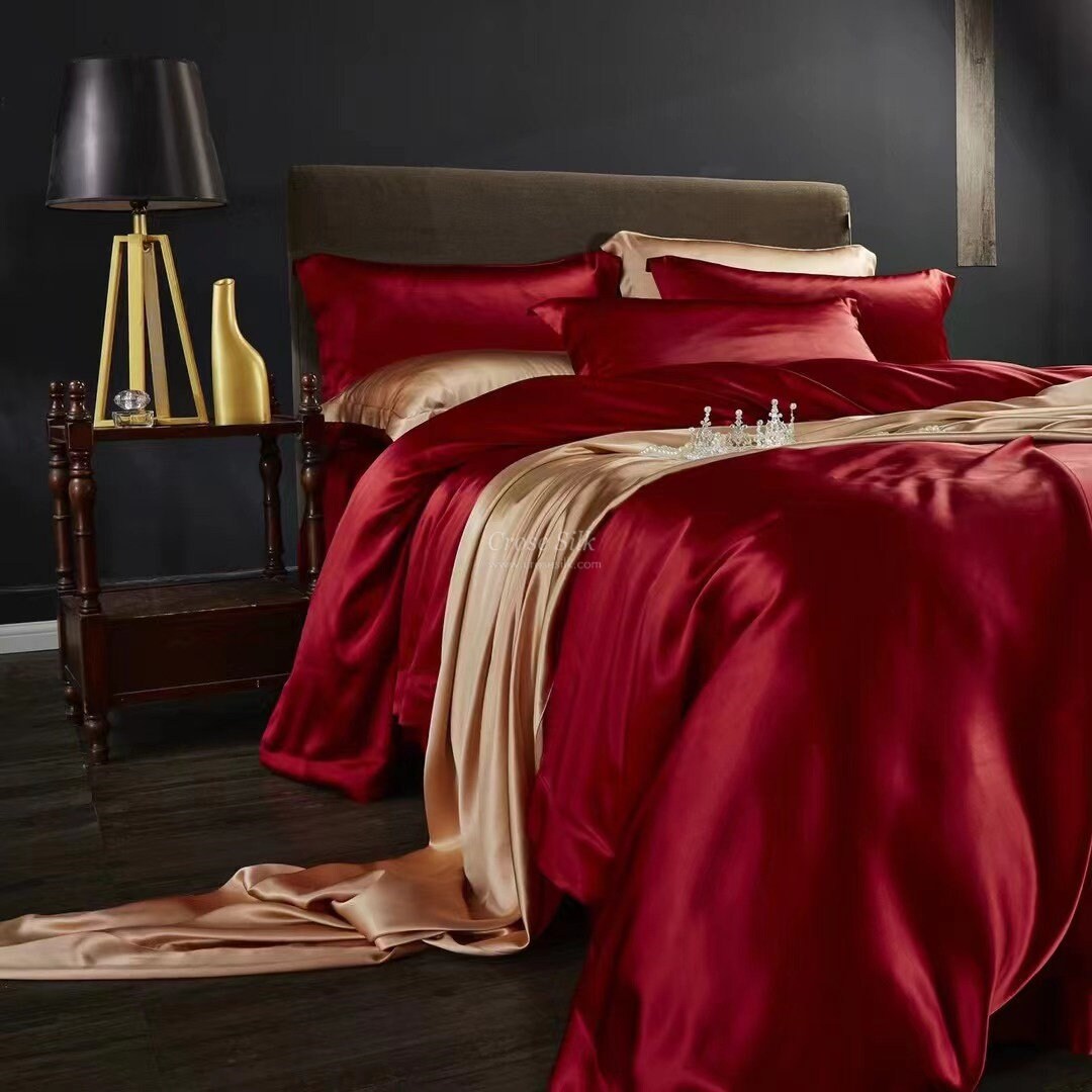 CRIMSON  - 25 Momme Mulberry Silk Bedding, Silk Duvet Cover, Silk Fitted Sheet, Silk Flat Sheet, Silk Pillowcase, 100% SILK