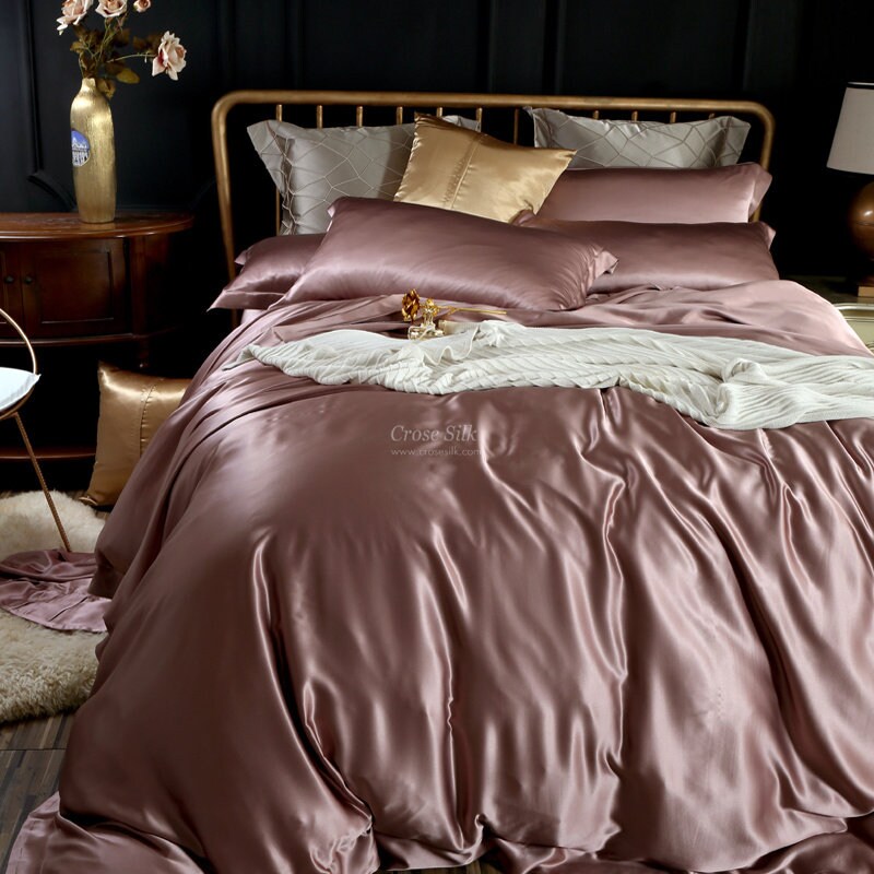 WISTFUL MAUVE - 25 Momme Mulberry Silk Bedding, Silk Duvet Cover, Silk Fitted Sheet, Silk Flat Sheet, Silk Pillowcase, 100% SILK