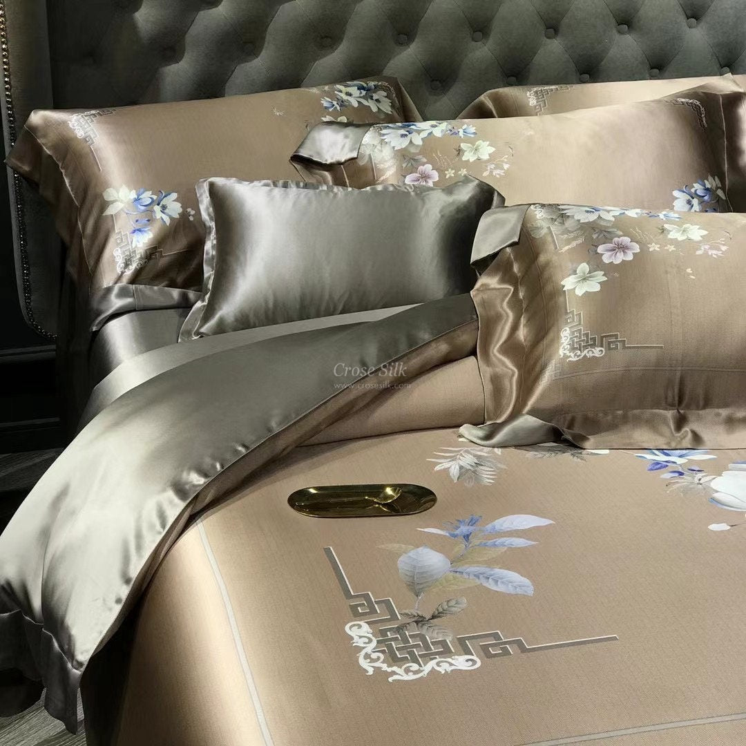 BLOSSOM Sun Kiss Dark Gold - 25 Momme Mulberry Silk Bedding,Silk Duvet Cover, Silk Fitted Sheet, Silk Flat Sheet, Silk Pillowcase, 100% SILK