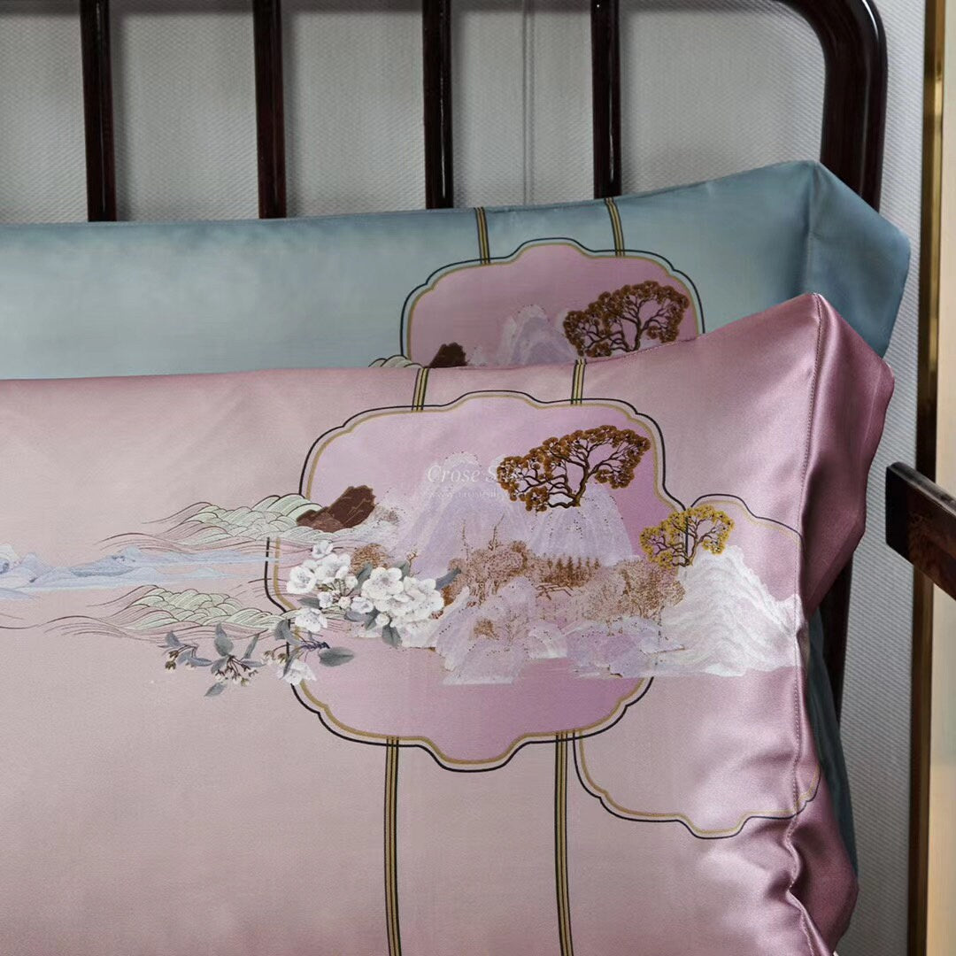 SCENERY Wistful Mauve - 25 Momme Mulberry Silk Bedding,Silk Duvet Cover, Silk Fitted Sheet, Silk Flat Sheet, Silk Pillowcase, 100% SILK