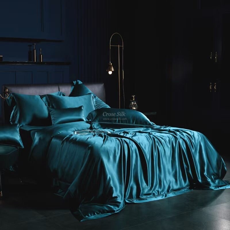 PEACOCK BLUE - 25 momme Lace Silk bedding Set 4pcs - 1x Duvet Cover, 1x Sheet, 2x Pillowcases, 100% SILK