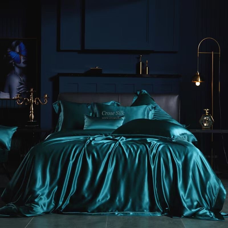 PEACOCK BLUE - 25 momme Lace Silk bedding Set 4pcs - 1x Duvet Cover, 1x Sheet, 2x Pillowcases, 100% SILK