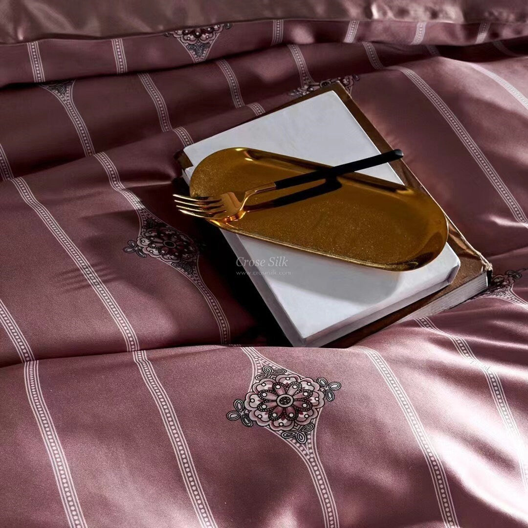 PINK STRIPES Print - 25 Momme Mulberry Silk Bedding, Silk Duvet Cover, Silk Fitted Sheet, Silk Flat Sheet, Silk Pillowcase, 100% SILK