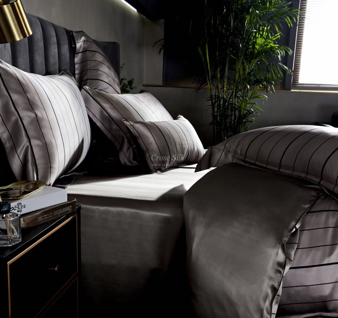DARK GOLD Stripes - 25 Momme Mulberry Silk Bedding, Silk Duvet Cover, Silk Fitted Sheet, Silk Flat Sheet, Silk Pillowcase, 100% SILK