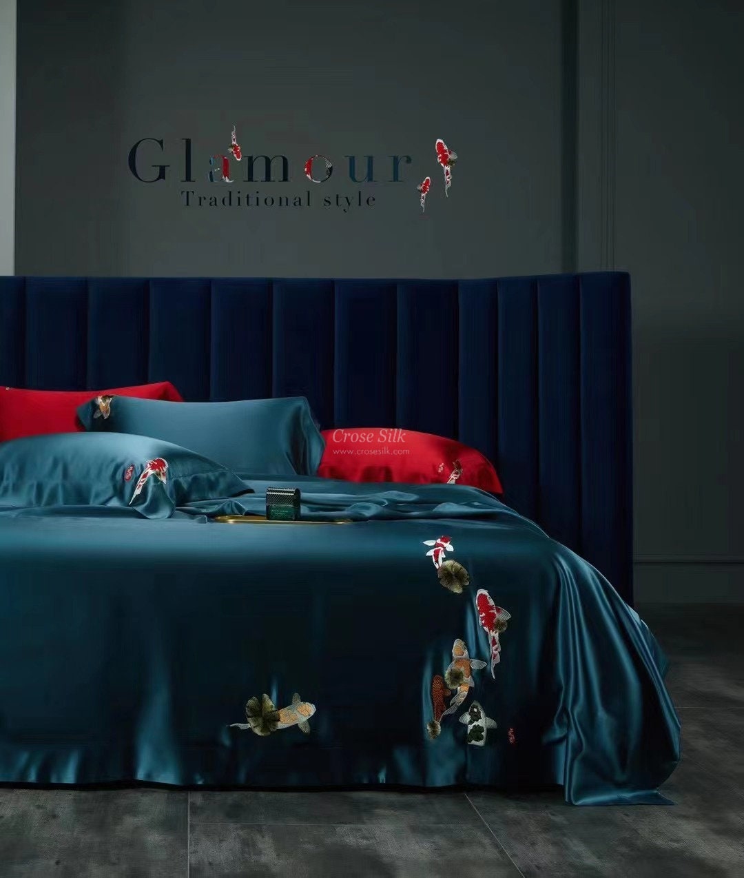 PEACOCK BLUE EMBROIDERY  - 25 Momme 100% Mulberry Silk Bedding Set 4 pieces