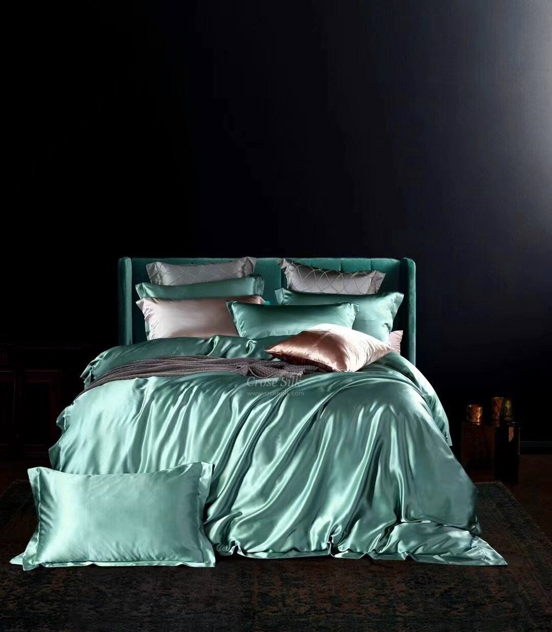 BERLYL GREEN - 25 Momme Mulberry Silk Bedding, Silk Duvet Cover, Silk Fitted Sheet, Silk Flat Sheet, Silk Pillowcase, 100% SILK