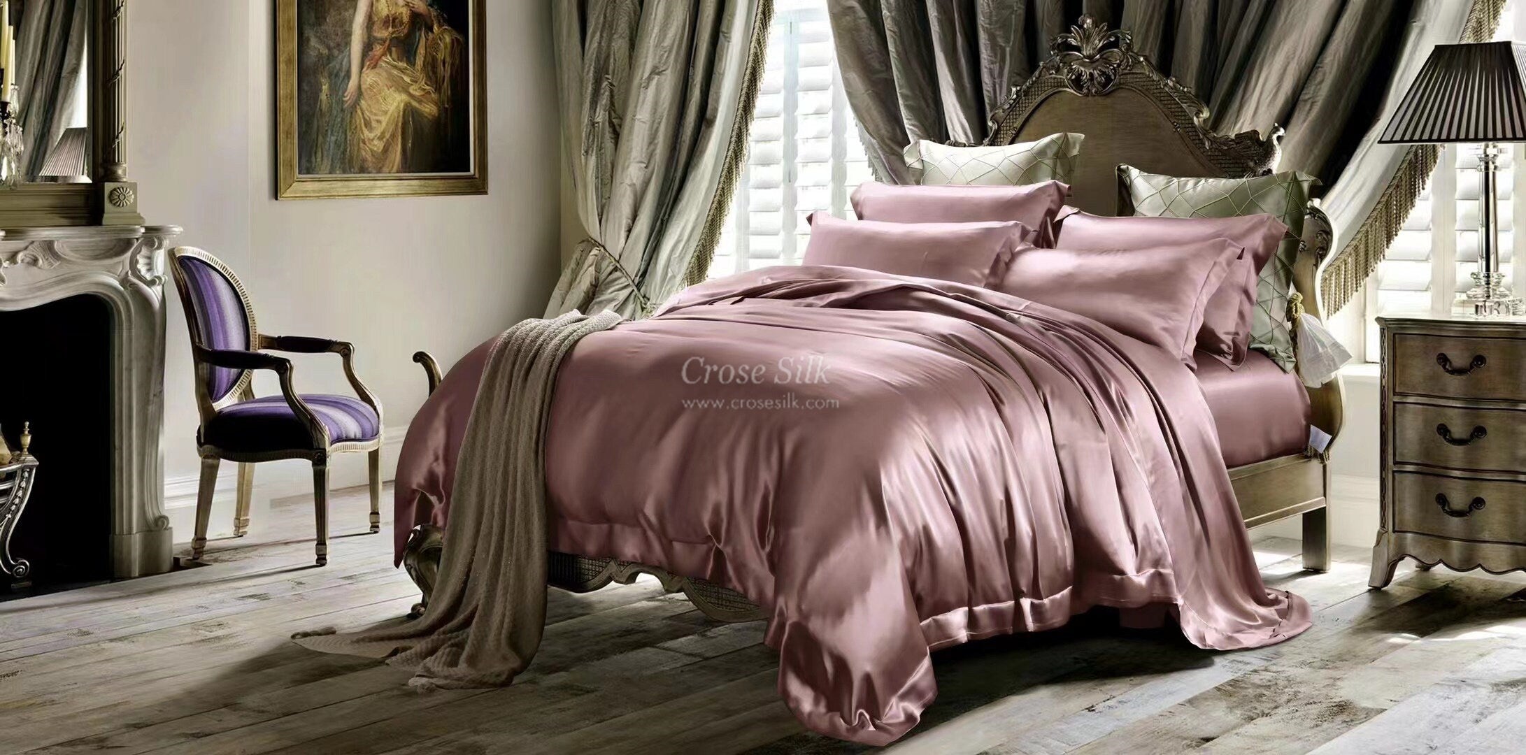 WISTFUL MAUVE - 25 Momme Mulberry Silk Bedding, Silk Duvet Cover, Silk Fitted Sheet, Silk Flat Sheet, Silk Pillowcase, 100% SILK