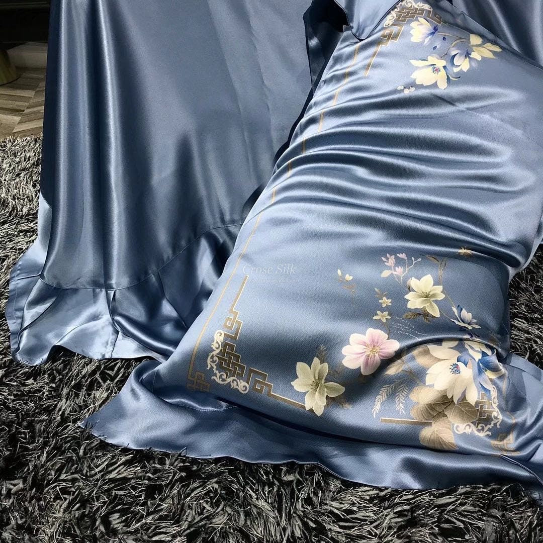 BLOSSOM Dusty Blue  - 25 Momme Mulberry Silk Bedding,Silk Duvet Cover, Silk Fitted Sheet, Silk Flat Sheet, Silk Pillowcase, 100% SILK
