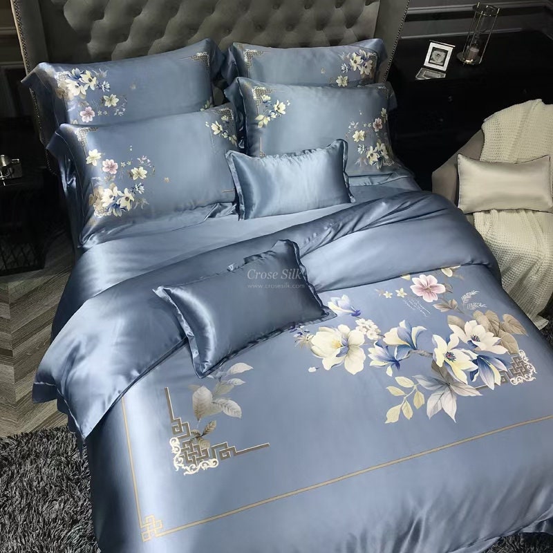 BLOSSOM Dusty Blue  - 25 Momme Mulberry Silk Bedding,Silk Duvet Cover, Silk Fitted Sheet, Silk Flat Sheet, Silk Pillowcase, 100% SILK