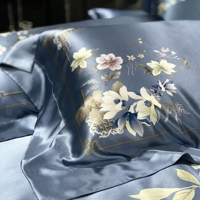 BLOSSOM Dusty Blue  - 25 Momme Mulberry Silk Bedding,Silk Duvet Cover, Silk Fitted Sheet, Silk Flat Sheet, Silk Pillowcase, 100% SILK