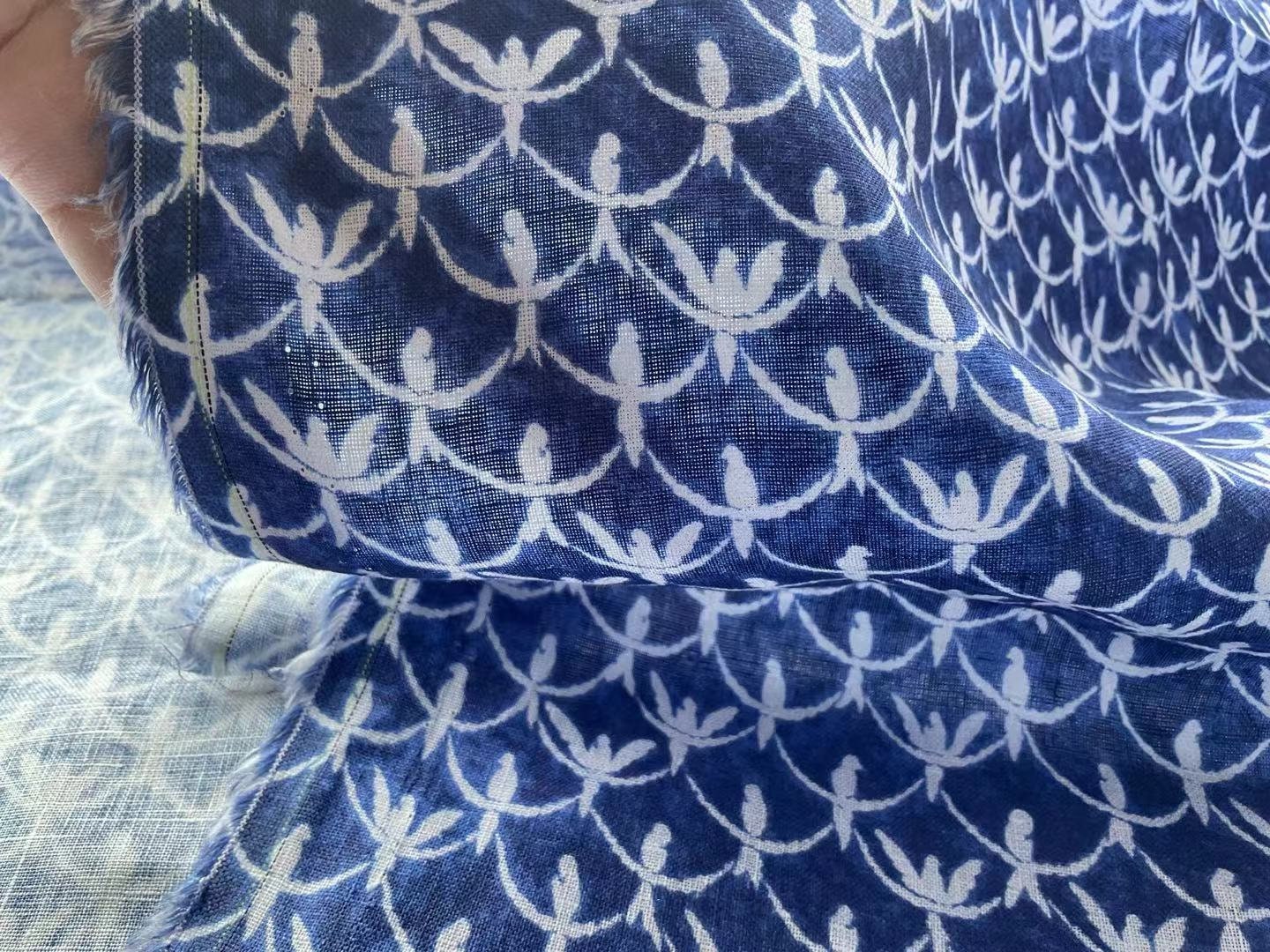 LNYDLLN - Digtital Print Birds Indigo Dye Style Linen Fabric - 130cm wide by the Yard