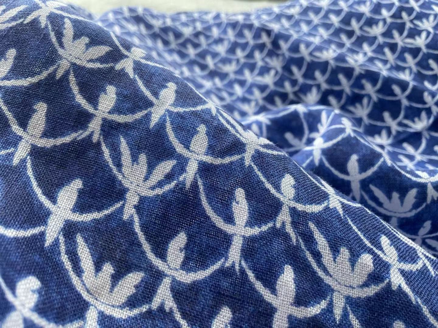 LNYDLLN - Digtital Print Birds Indigo Dye Style Linen Fabric - 130cm wide by the Yard