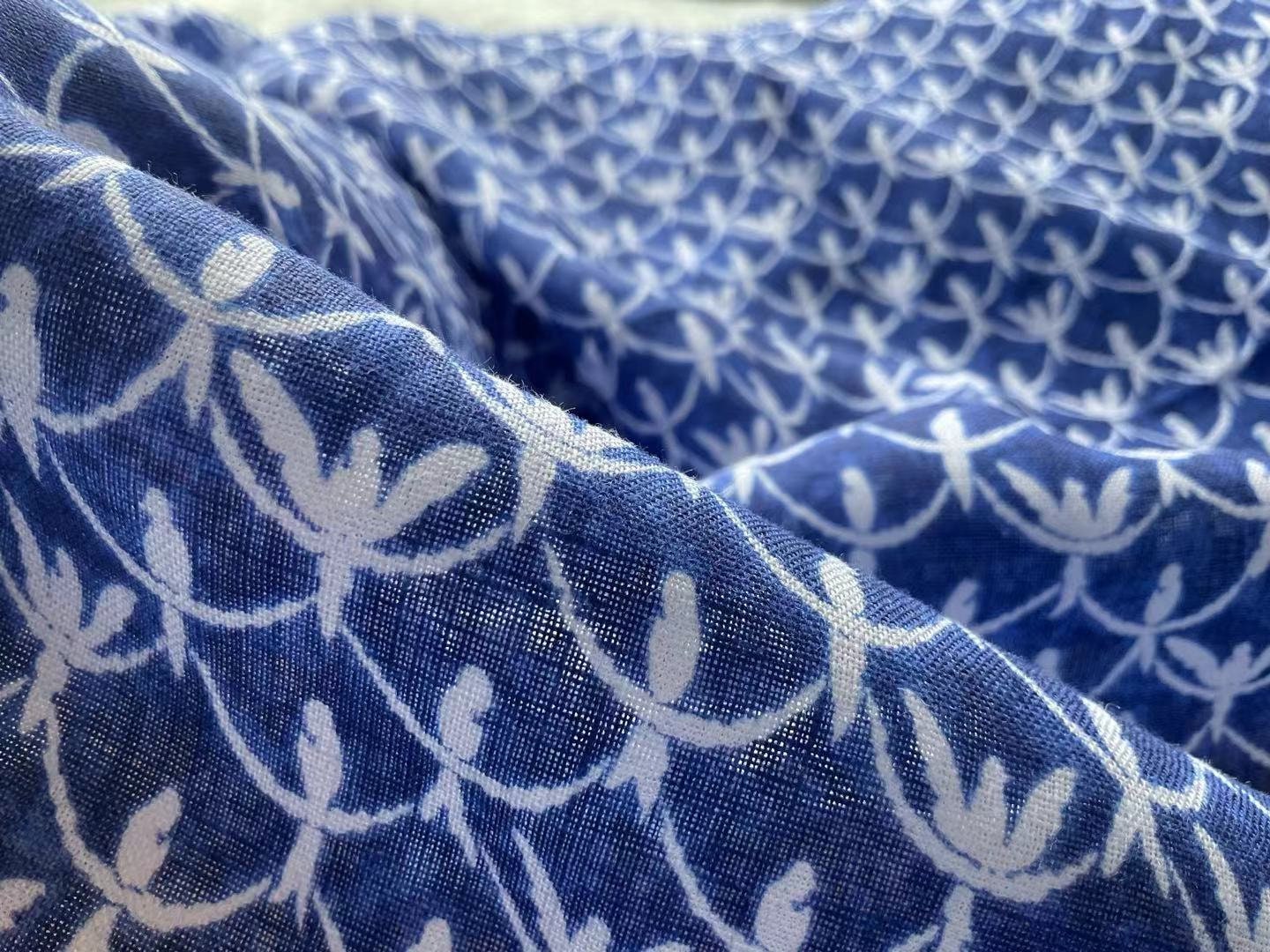 LNYDLLN - Digtital Print Birds Indigo Dye Style Linen Fabric - 130cm wide by the Yard