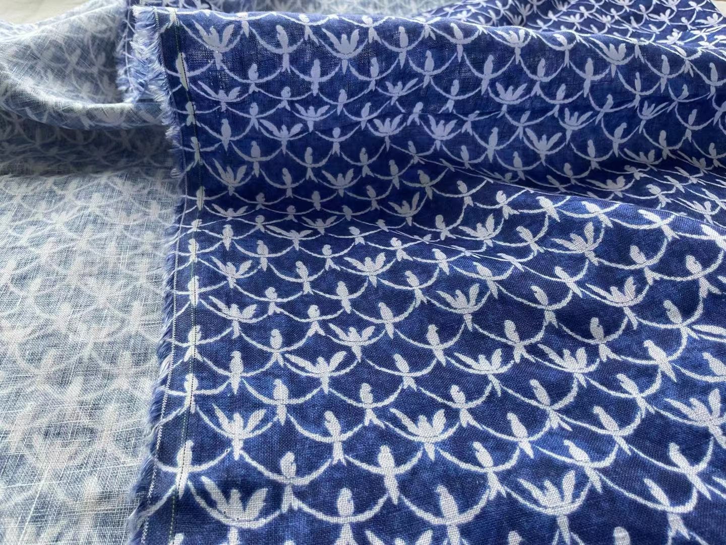 LNYDLLN - Digtital Print Birds Indigo Dye Style Linen Fabric - 130cm wide by the Yard