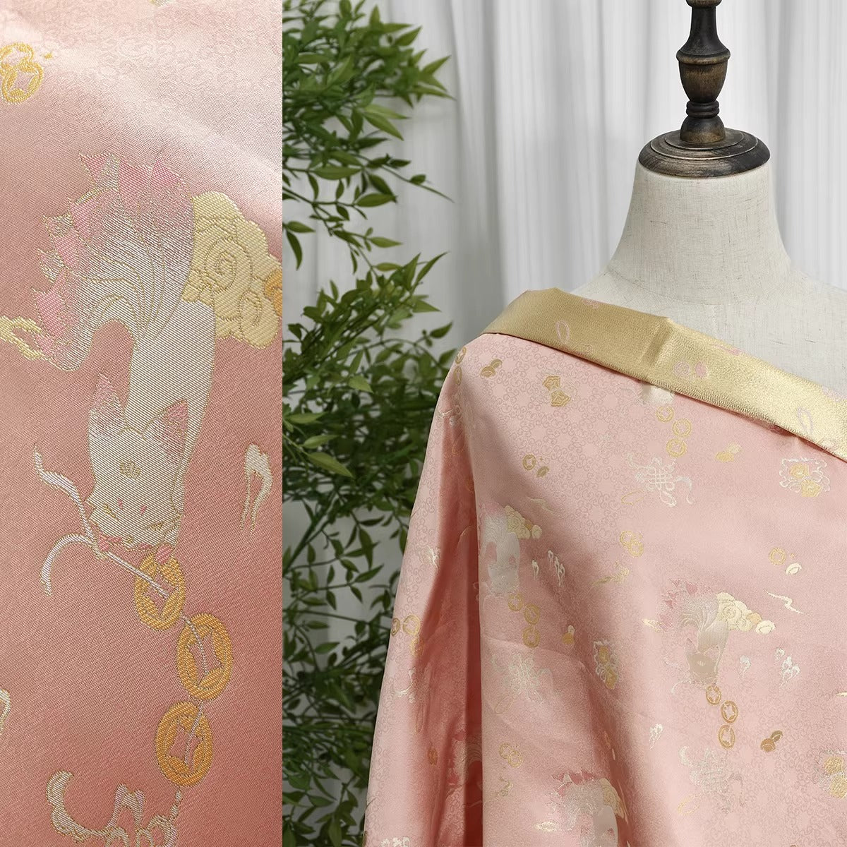 XYLDXSJ 铜线九尾狐粉色 - Gilt-Thread Song Brocade 织金宋锦, 38 momme 140cm wide by the yard