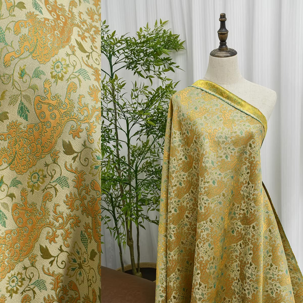 XYLDXSJ 缠枝铜线金钱狮 - Gilt-Thread Song Brocade 织金宋锦, 38 momme 140cm wide by the yard
